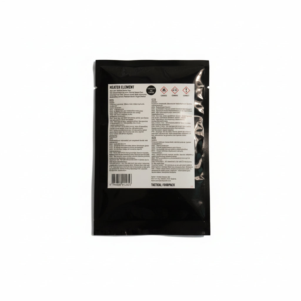 Tactical Foodpack Heater Element, Heizelement in schwarzer Folienverpackung mit Gefahrenhinweisen