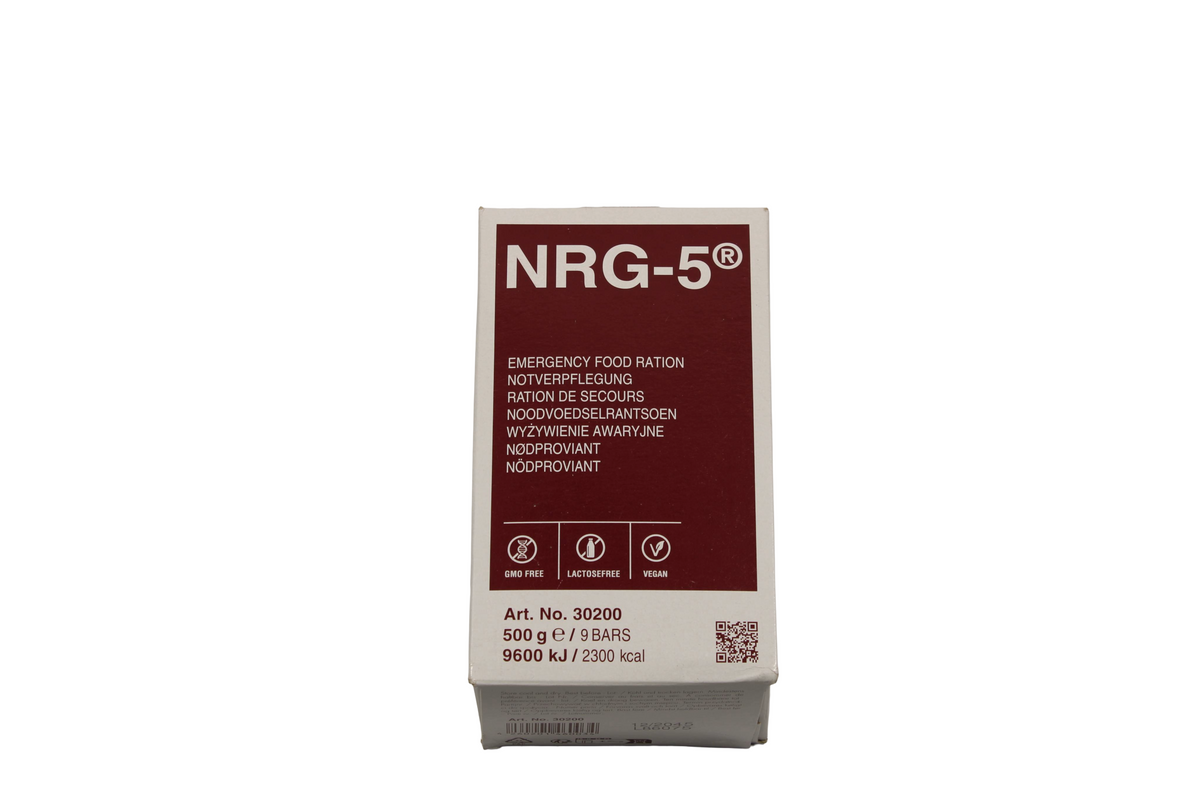 NRG-5 Notverpflegung 500 g, 9 Riegel, 2300 kcal, vegan und laktosefrei, Packung Vorderseite