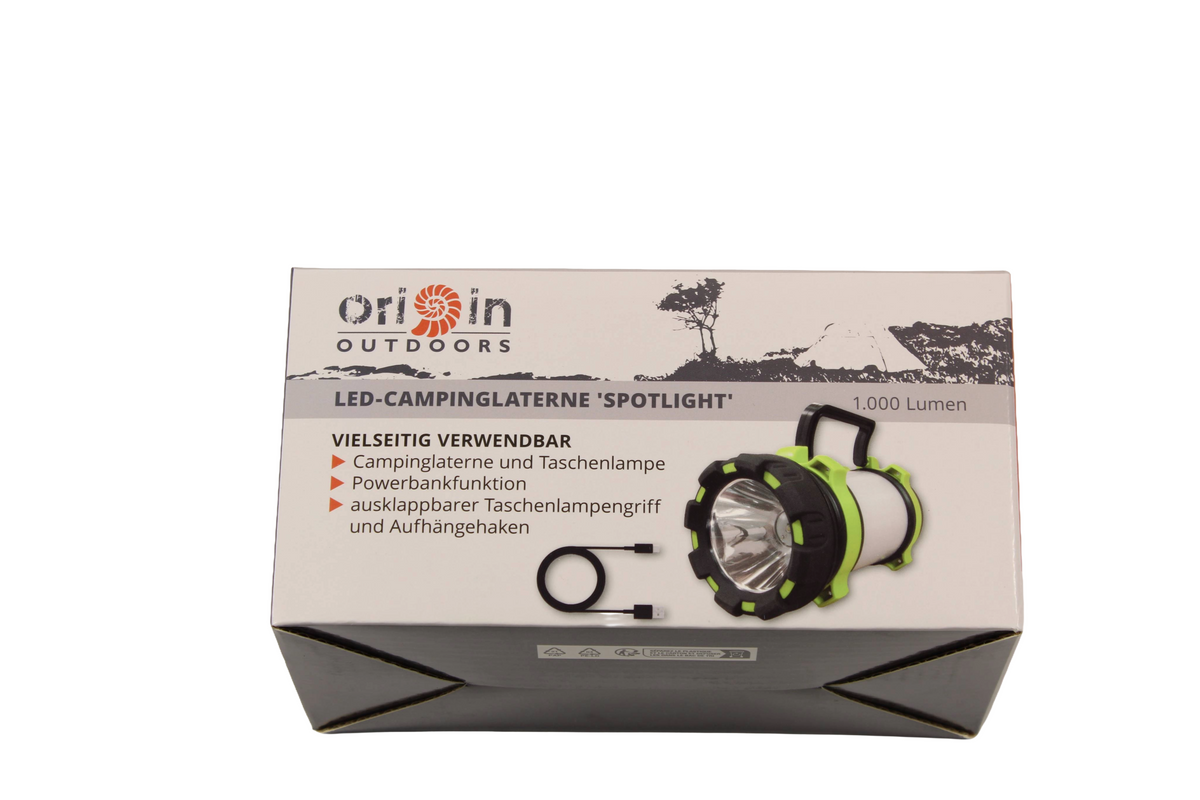 Origin Outdoors LED-Campinglaterne "Spotlight", 1.000 Lumen, mit Powerbankfunktion und Taschenlampengriff, Originalverpackung