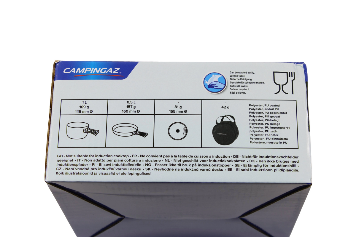 Campingaz Trekking Kit, Verpackungsrückseite: Topf 1 l, Pfanne 0,5 l, Deckel und Tragetasche, nicht für Induktion geeignet