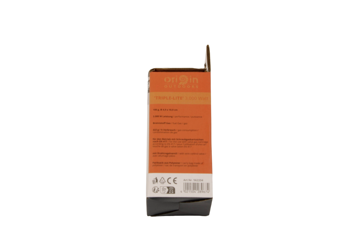 Origin Outdoors Gaskocher "Triple Lite", Verpackung Seitenansicht mit Produktinformationen und CE-Kennzeichnung