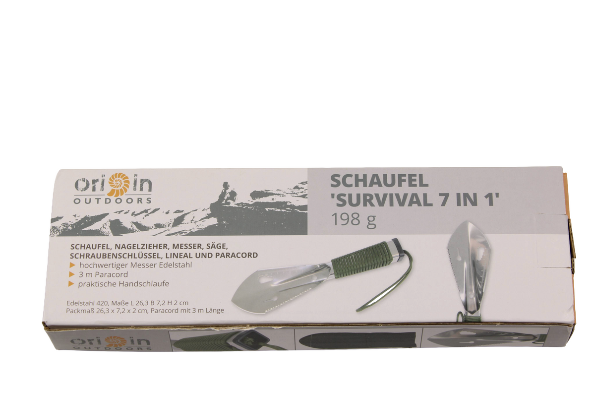 Origin Outdoors Schaufel Survival 7 in 1, 198 g, mit Nagelzieher, Messer, Säge, Schraubenschlüssel, Lineal und 3 m Paracord