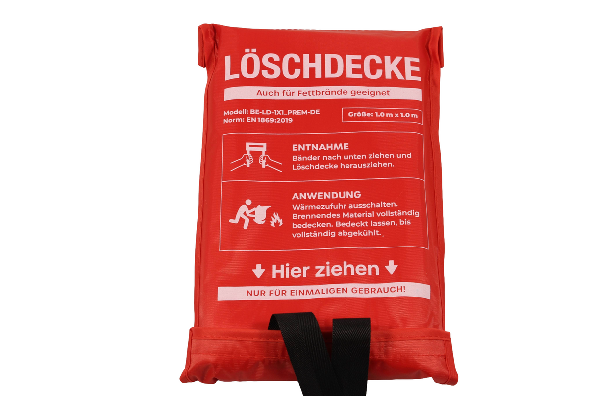  Rote Löschdecke in Aufbewahrungstasche mit Anleitung zur Entnahme und Anwendung