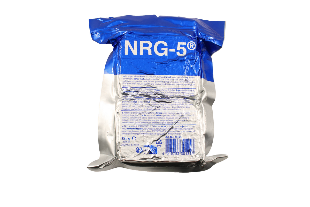 Vorderseite der blau-silbernen NRG-5-Packung, 125 g, mit Produktangaben und Barcode