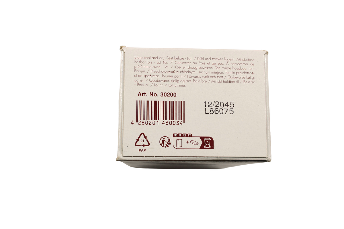 Unterseite der NRG-5-Packung mit Barcode und Verpackungssymbolen