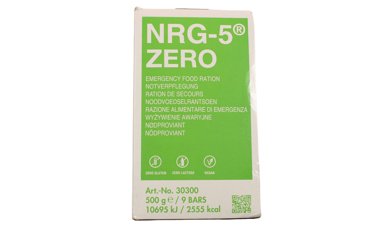 Vorderseite der NRG-5-Zero-Packung mit grünem Etikett, 500 g und 9 Riegel
