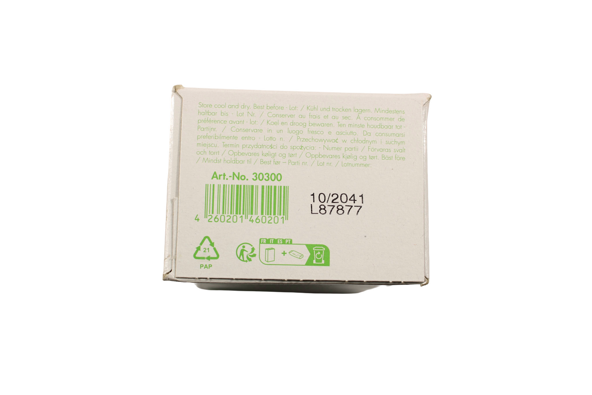 Unterseite der NRG-5-Zero-Packung mit Barcode und Verpackungssymbolen
