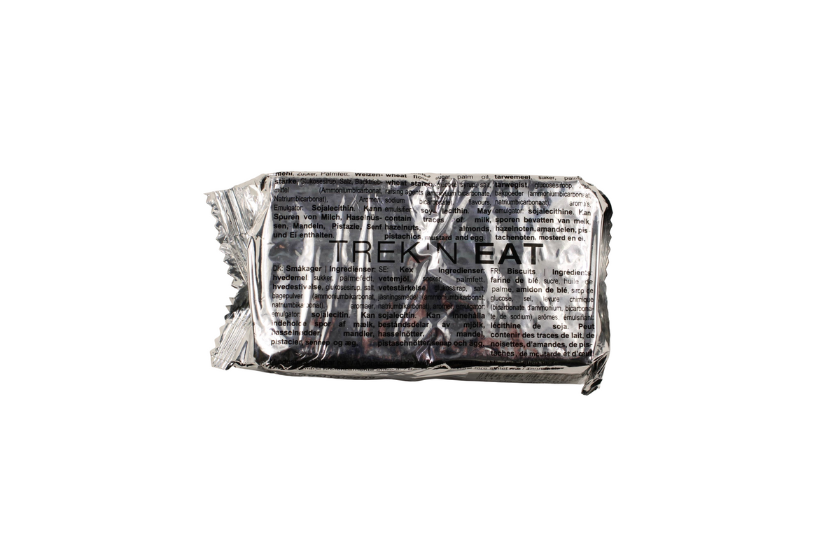 Silberne Verpackung der Trek'n Eat Trekking Kekse mit Zutatenangaben