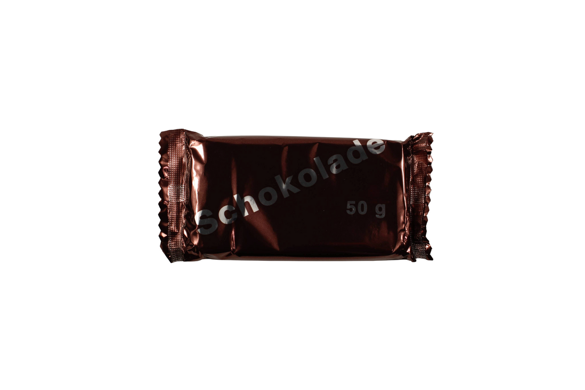 Vorderseite der dunkelbraunen BW-Schokoladenverpackung mit Aufdruck 'Schokolade 50 g