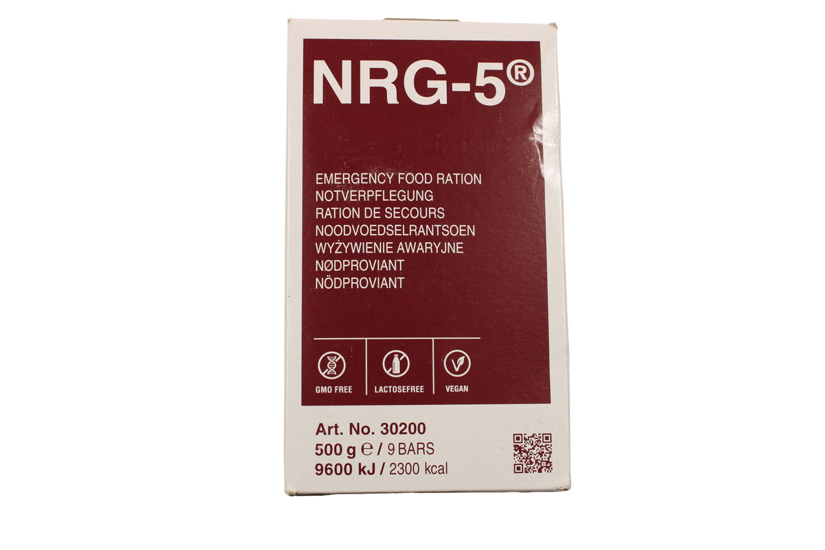 Vorderseite der NRG-5-Packung mit der Angabe 500 g und 9 Riegel