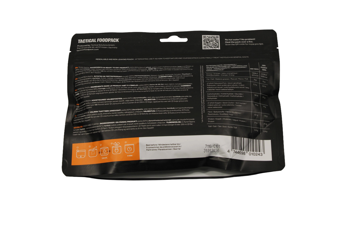 Rückseite einer Tactical Foodpack Mahlzeit mit Zutaten, Nährwerttabelle und Zubereitungshinweisen
