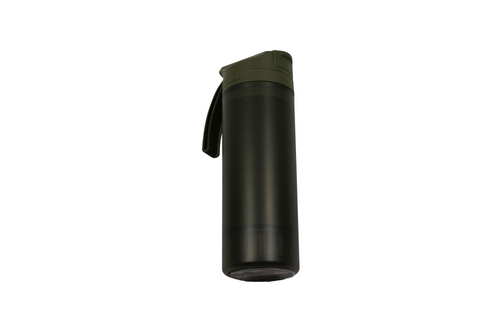 Bachgold Outdoor Wasserfilter, schwarze Filterflasche mit olivgrünem Deckel und Trageschlaufe