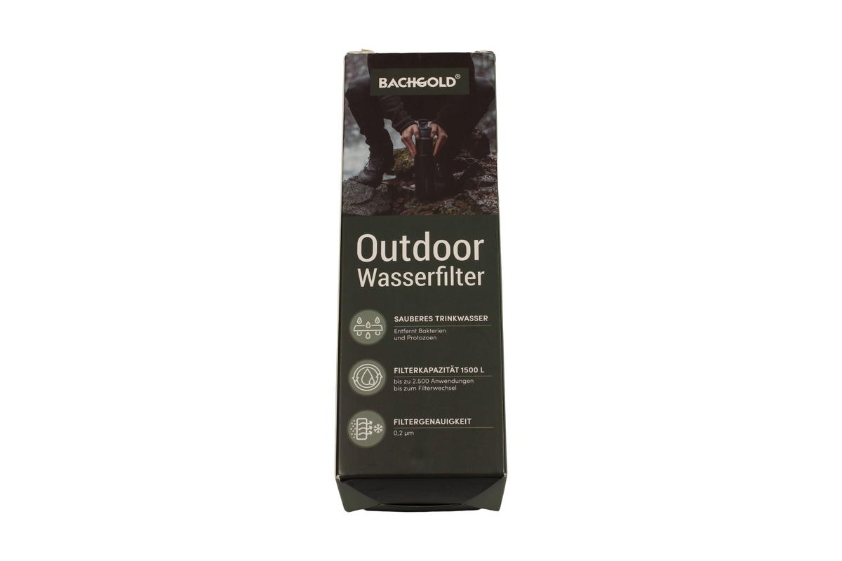 Bachgold Outdoor Wasserfilter, Verpackung Vorderseite: Filterkapazität 1500 l, Filtergenauigkeit 0,2 μm, entfernt Bakterien und Protozoen