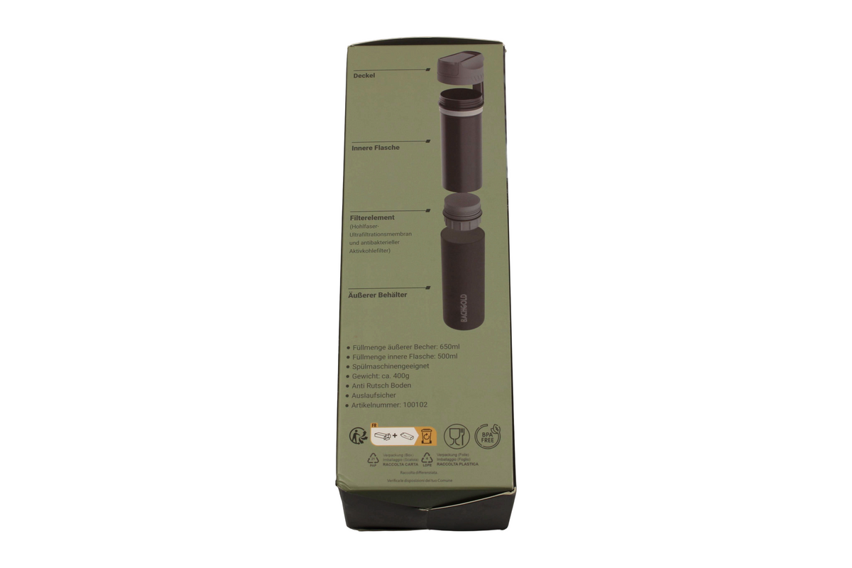 Bachgold Outdoor Wasserfilter, Verpackungsseite mit Aufbau aus Deckel, innerer Flasche, Filterelement und äußerem Behälter