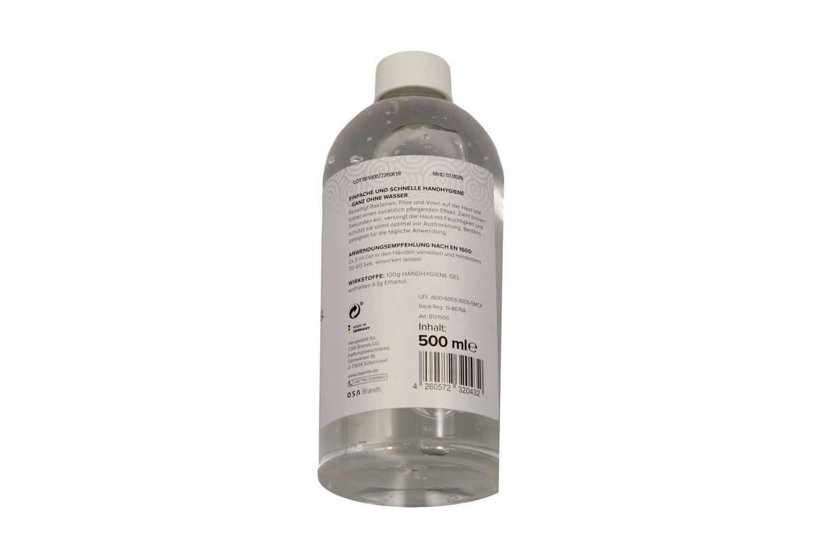 Handhygiene-Gel 500 ml, Flaschenrückseite mit Anwendungshinweisen und Inhaltsangabe