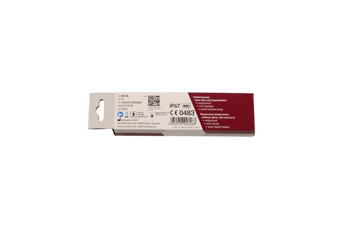 servoprax Digital-Fieberthermometer, Verpackungsrückseite: wasserdicht nach IP67, ohne Glas und Quecksilber, mit Signalton und großer Digitalanzeige