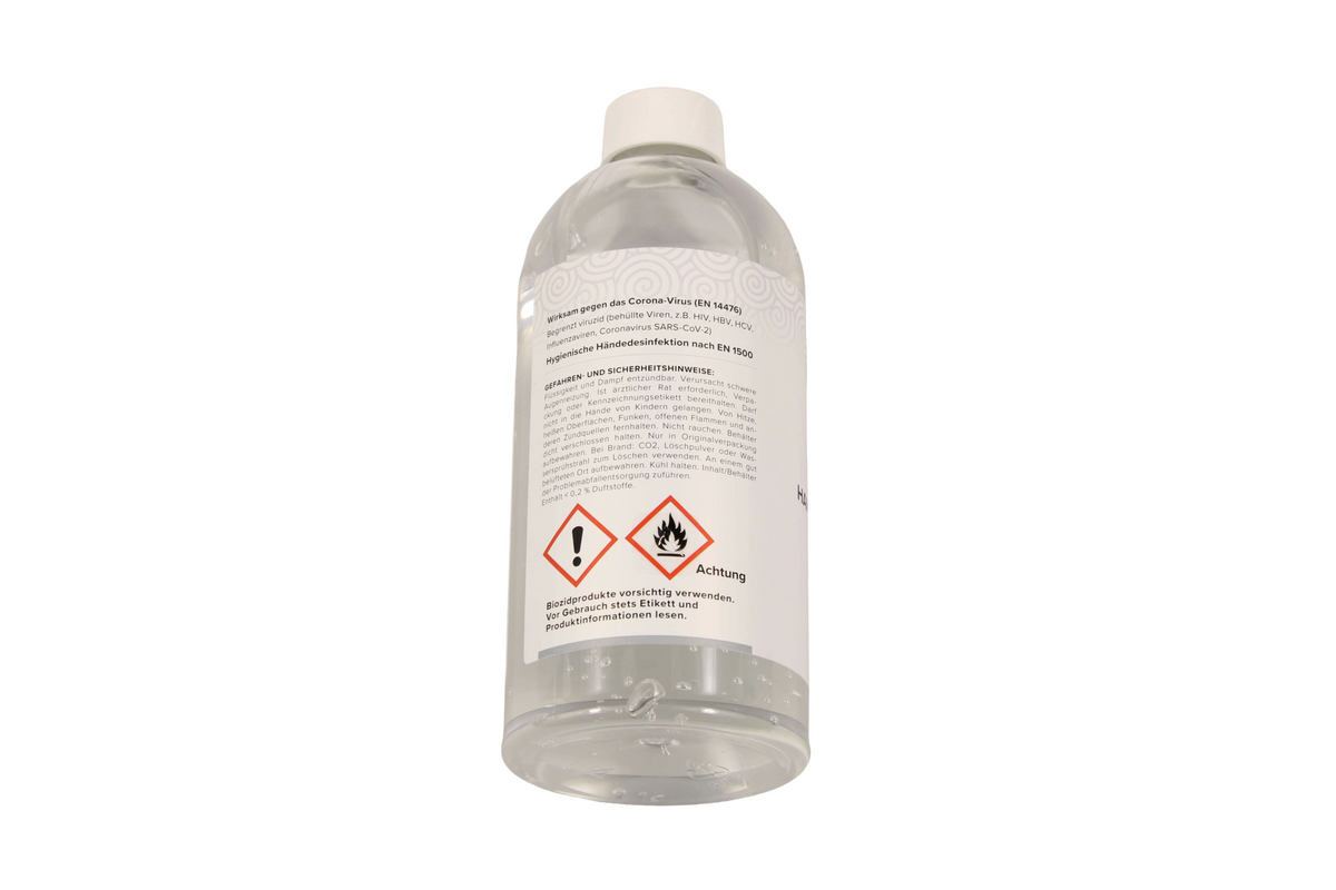  Händedesinfektion in 500-ml-Flasche, Etikett mit Gefahren- und Sicherheitshinweisen, hygienische Händedesinfektion nach EN 1500