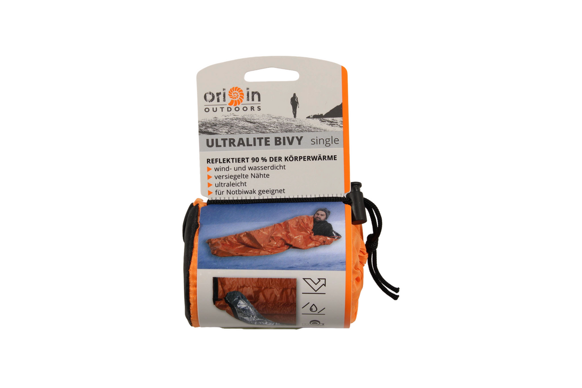 Origin Outdoors Ultralite Bivy Single, orangefarbener Notbiwaksack in Verpackung, reflektiert 90 % der Körperwärme