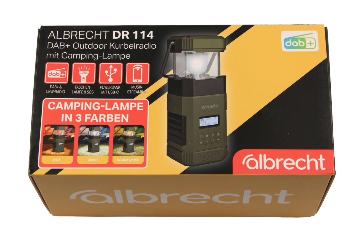 Albrecht DR 114 DAB+ Outdoor-Kurbelradio mit Camping-Lampe, Taschenlampe, SOS-Funktion und Powerbank mit USB-C, Originalverpackung