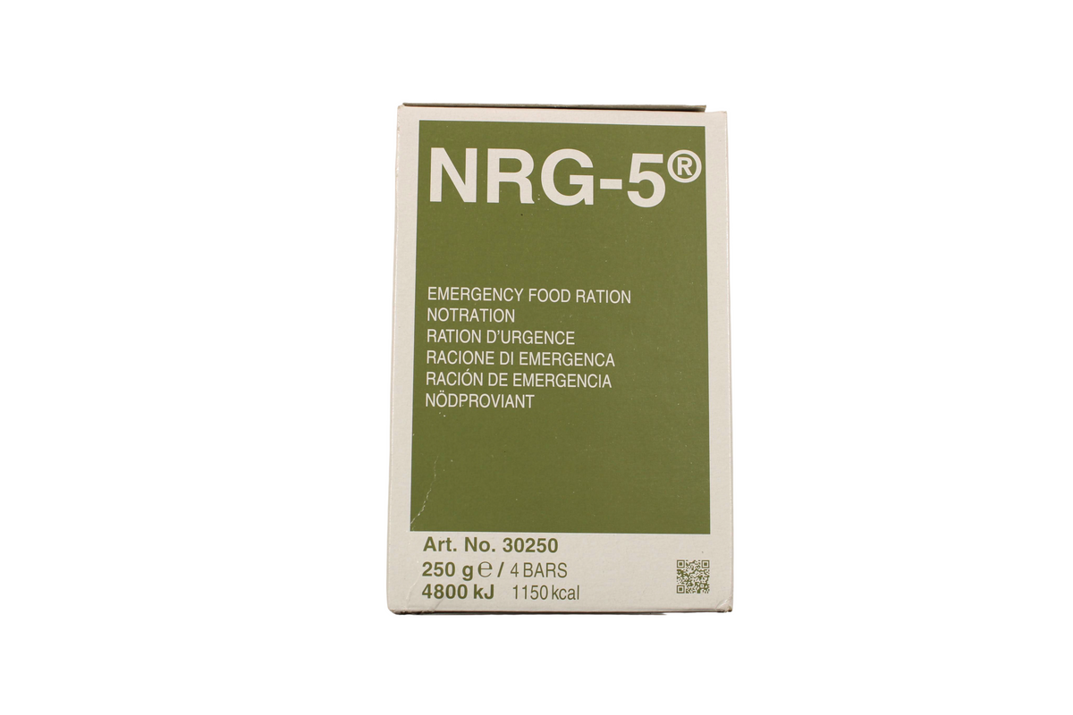 Vorderseite der NRG-5-Packung mit grüner Beschriftung, 250 g und 4 Riegel